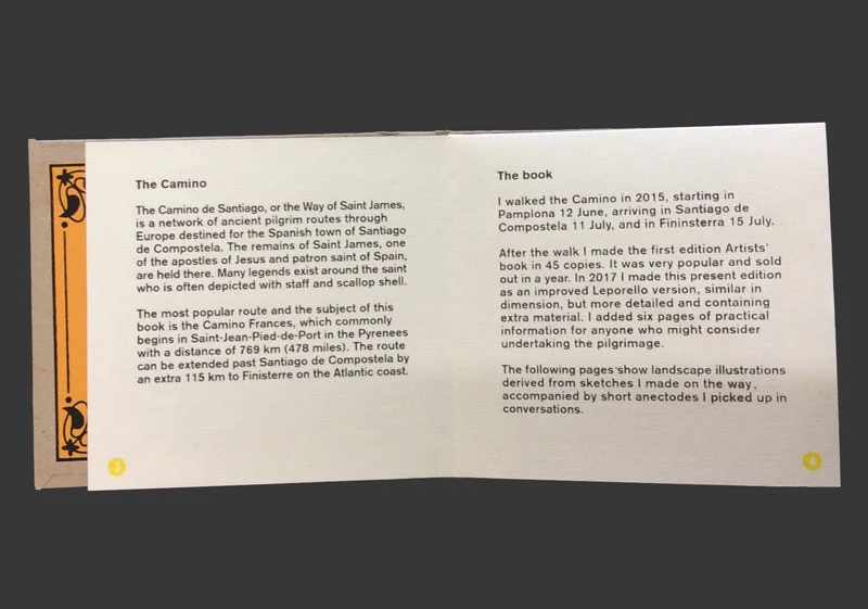An open spread from Camino de Santiago, with introductory text about the pilgrimage and the making of the book.