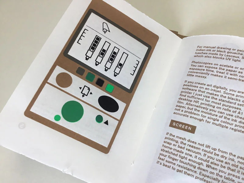 An open spread from Advanced Screen Printing: a printed diagram of an exposure test strip facing a page of text about film positives and screen tension.