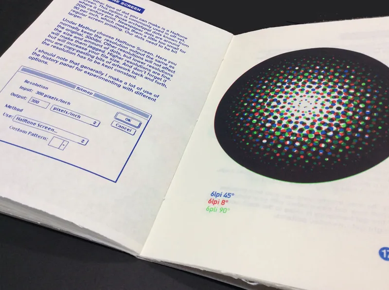 An open spread from Photoshop for Screen Printing showing a halftone rosette of coloured dots beside a page of instructions.