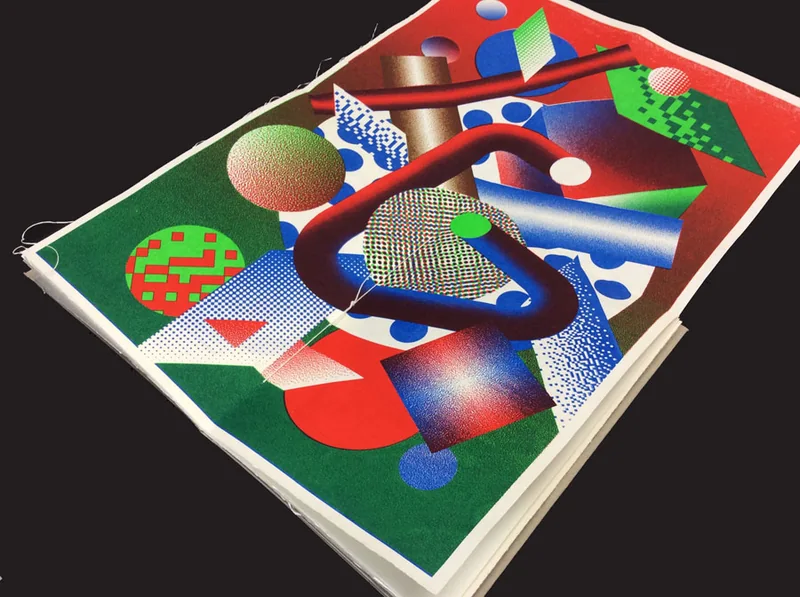 A screen printed poster from Photoshop for Screen Printing, showing halftone dots, bitmap patterns and gradients in red, green and blue.