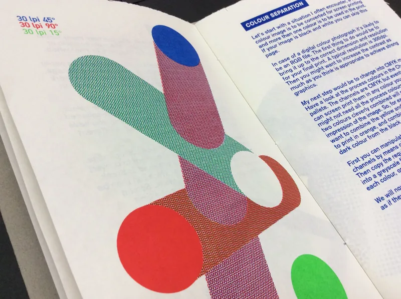 An open spread showing overlapping halftone shapes printed in blue, green, red and magenta, with the screen angles listed beside them.