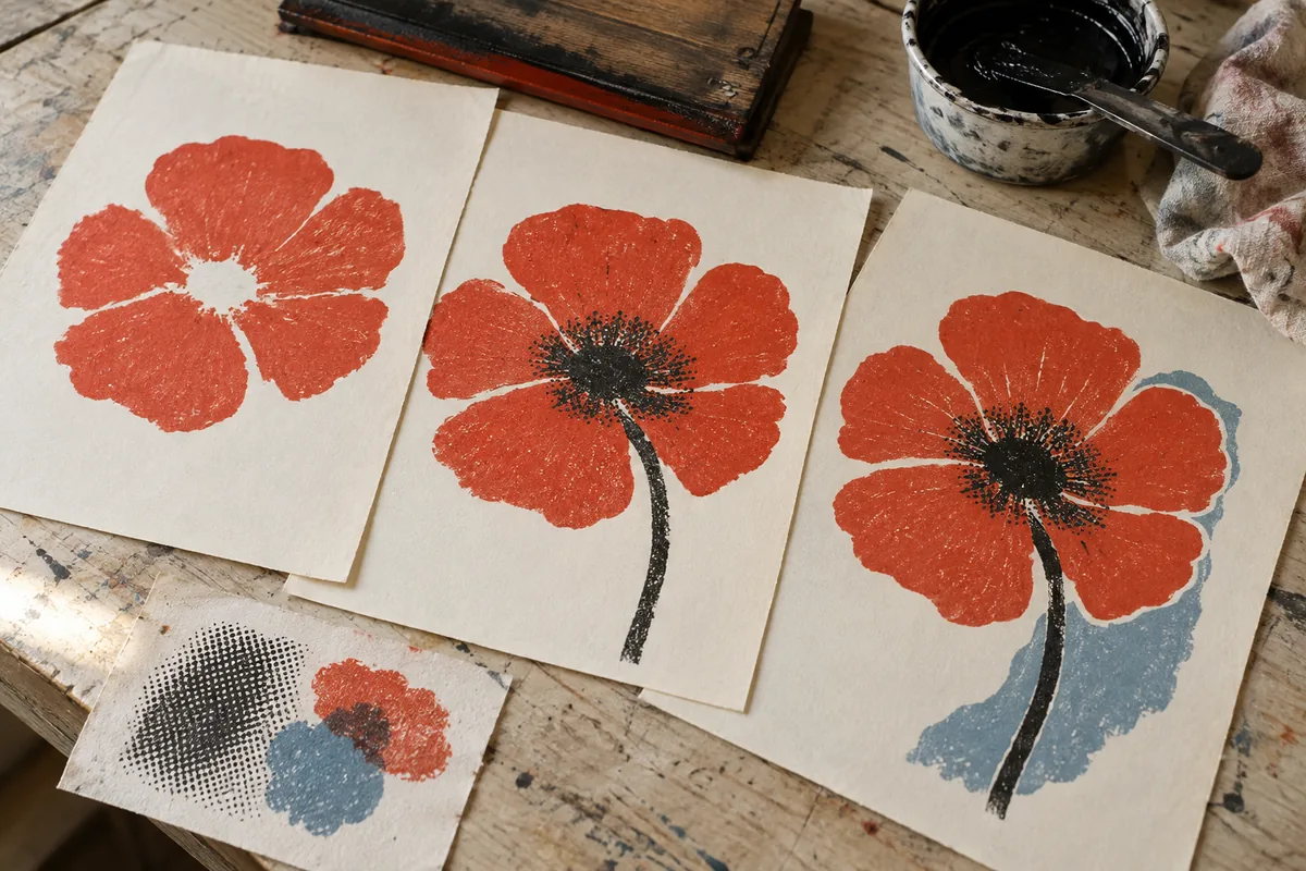 Botanical proof sheets showing one-colour printing, halftone detail and layered red, black and blue inks. (AI-generated image)