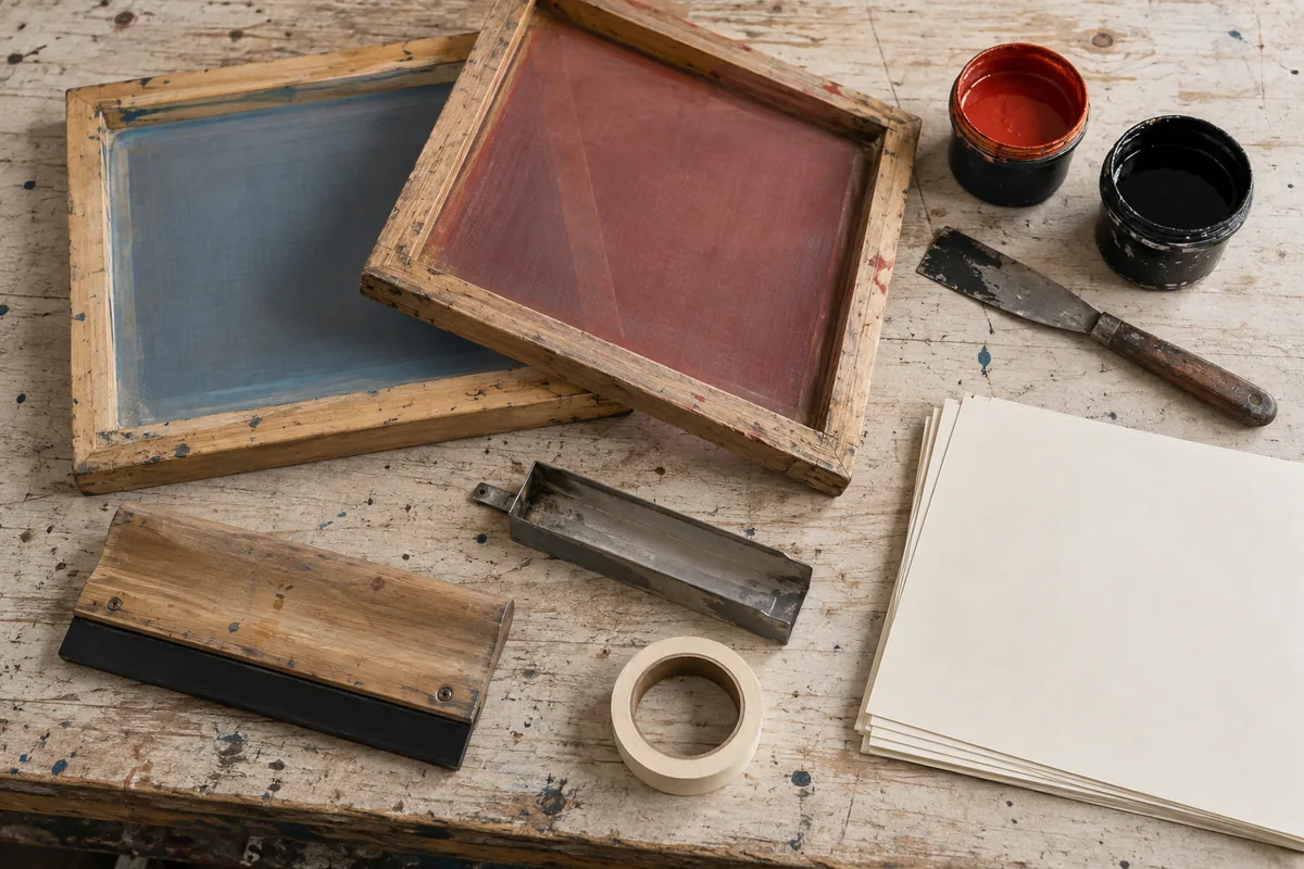 Two mesh screens, a squeegee, ink pots and an emulsion scoop coater arranged on a workbench. (AI-generated image)