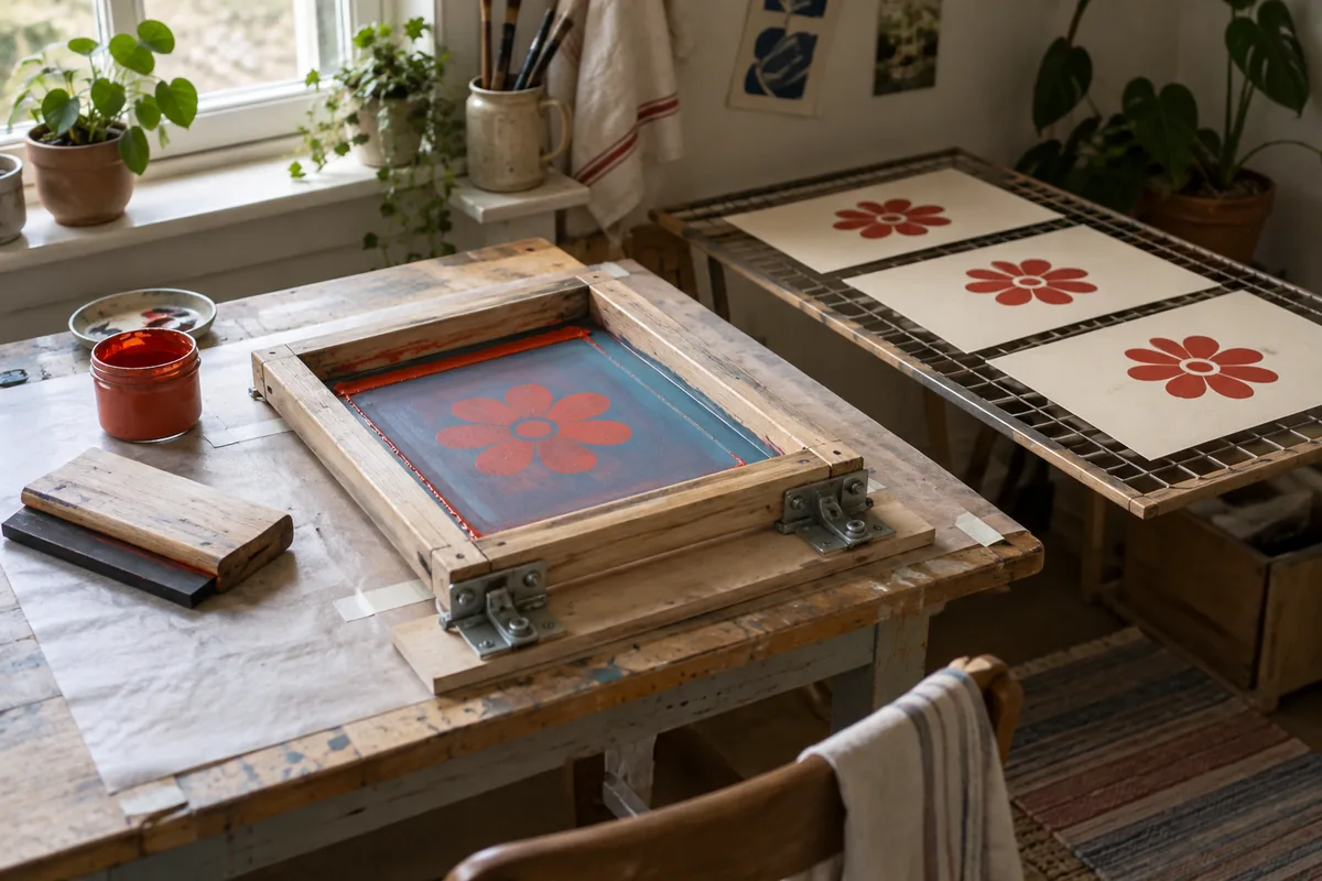 A compact screen-printing setup on a table by a window, with botanical prints drying nearby. (AI-generated image)
