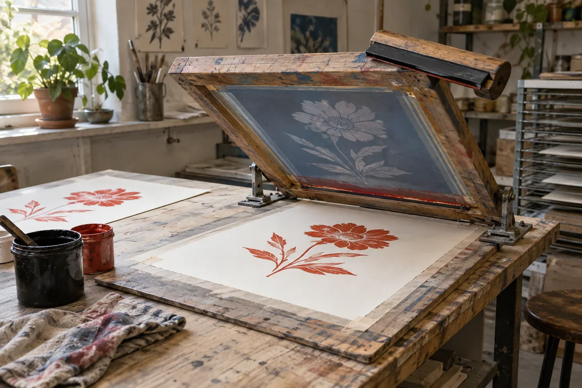 A hinged screen and squeegee beside a freshly printed botanical image. (AI-generated image)