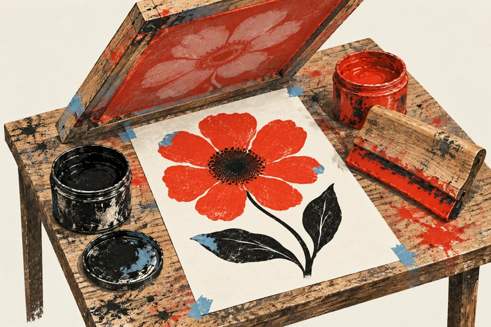 An illustrated home printing table: a wooden screen lifted above a printed sheet, ink and a squeegee.