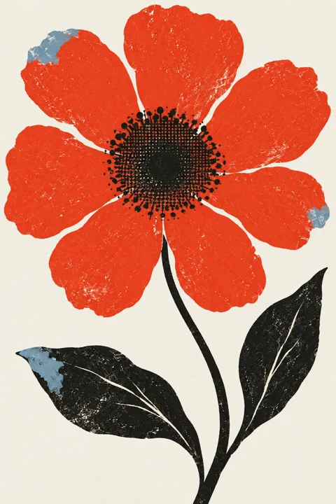 The red botanical motif printed on a sheet of paper, with black details and blue accents.